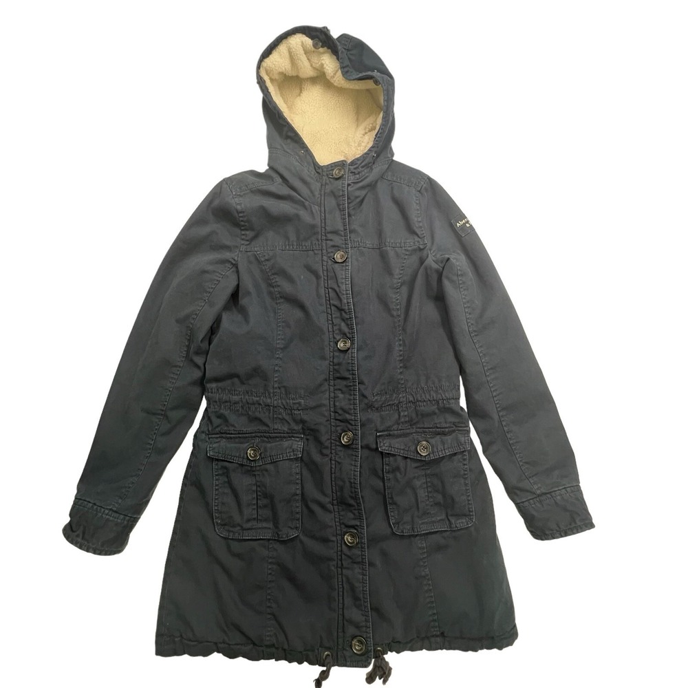 Abercrombie & Fitch Jacket Women's Medium Sherpa Lined Navy Military fur Hoody